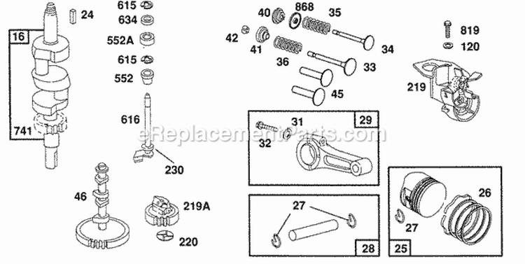 Piston Group Gears Diagram and Parts List for  Briggs and Stratton Engine